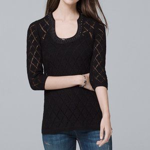 NEW WHBM 3/4 Sleeve Open Knit Embellished Beaded Tunic Sweater Top Size Medium